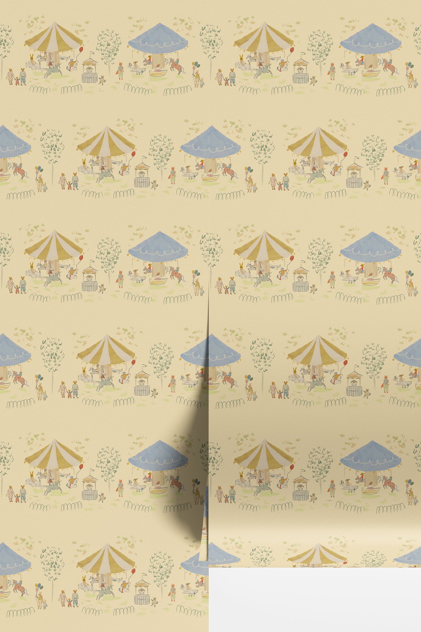 Illustrated pattern of a carousel park scene with characters, tents, and animals on a light yellow background. Madeline illustration style wallpaper with animals on a carousel. Kids wallpaper with balloons, bunnies, mouse, mom and child, riding a merry go round. Bemelmans inspired wallpaper.