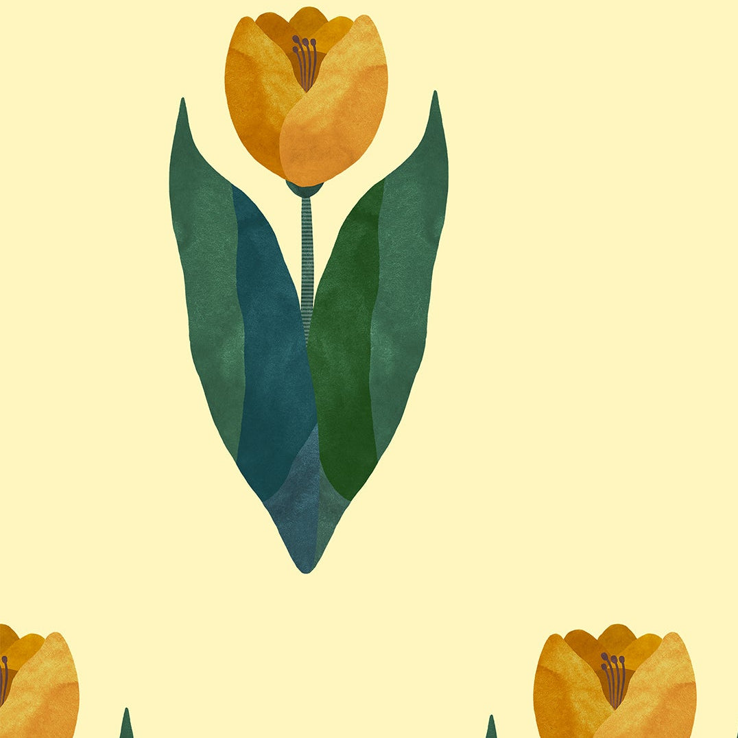 Pattern of yellow flowers with green leaves on a beige background