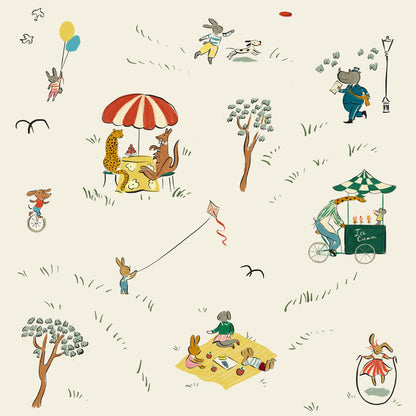 Illustrated scene of animals playing in the park, picnic, umbrella, jumprope, frisbee, with various activities on a light background