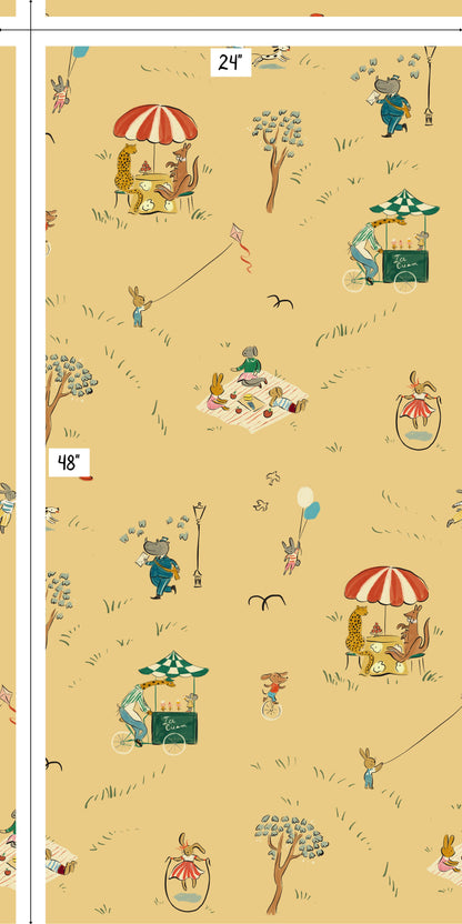 Bemelmans wallpaper animals in the park illustration wallpaper kids wallpaper yellow kids wallpaper city park wallpaper