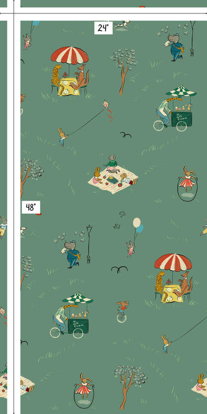 Bemelmans wallpaper animals in the park illustration wallpaper kids wallpaper green park city park wallpaper