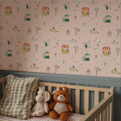 Crib with teddy bears and a checkered pillow against a patterned wall. bemelmans wallpaper in pink madeline style wallpaper madeline wallpaper ice cream cart picnic wallpaper animals playing in the park wallpaper pink animals wallpaper