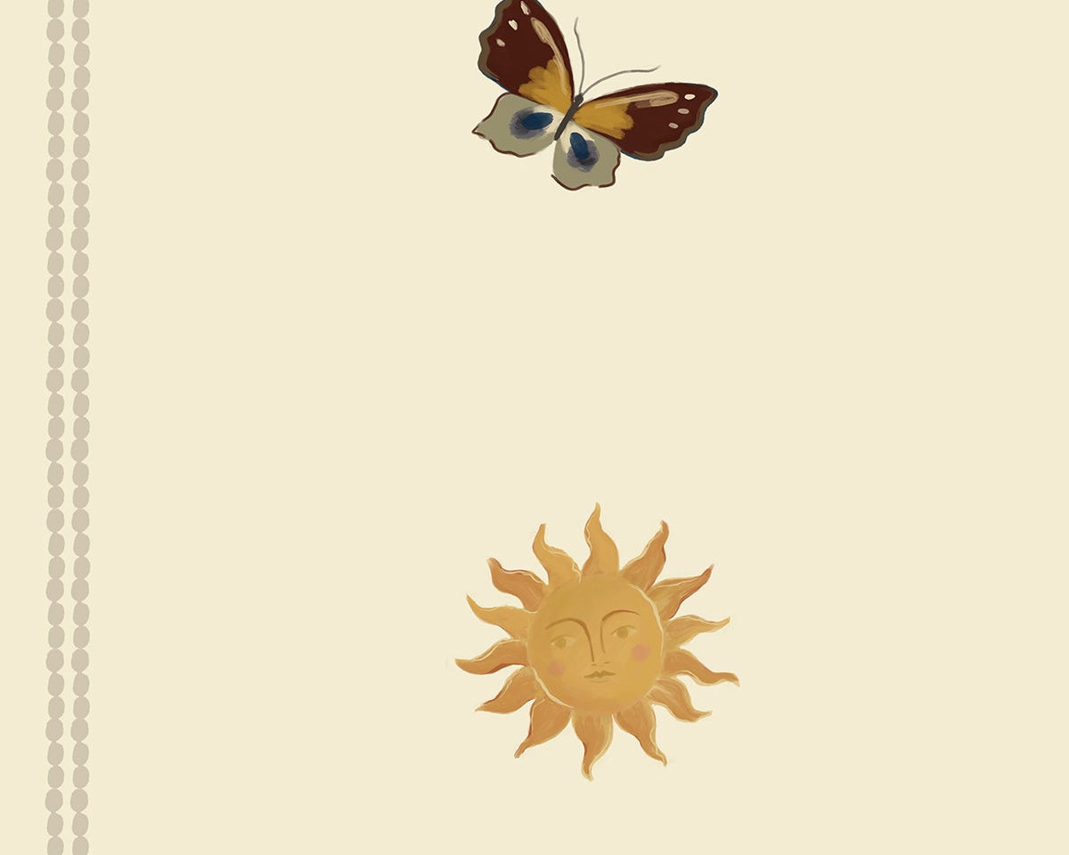 A repeating decorative pattern on a warm cream background featuring small motifs including butterflies, flowers, suns, and tassels in muted earthy tones.