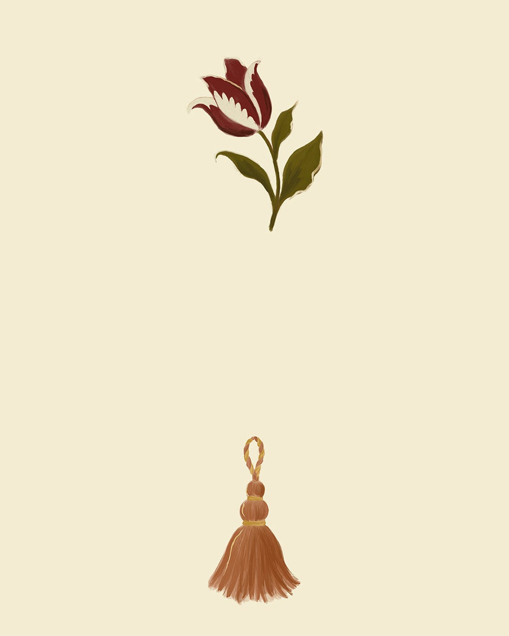 A repeating decorative pattern on a warm cream background featuring small motifs including butterflies, flowers, suns, and tassels in muted earthy tones.