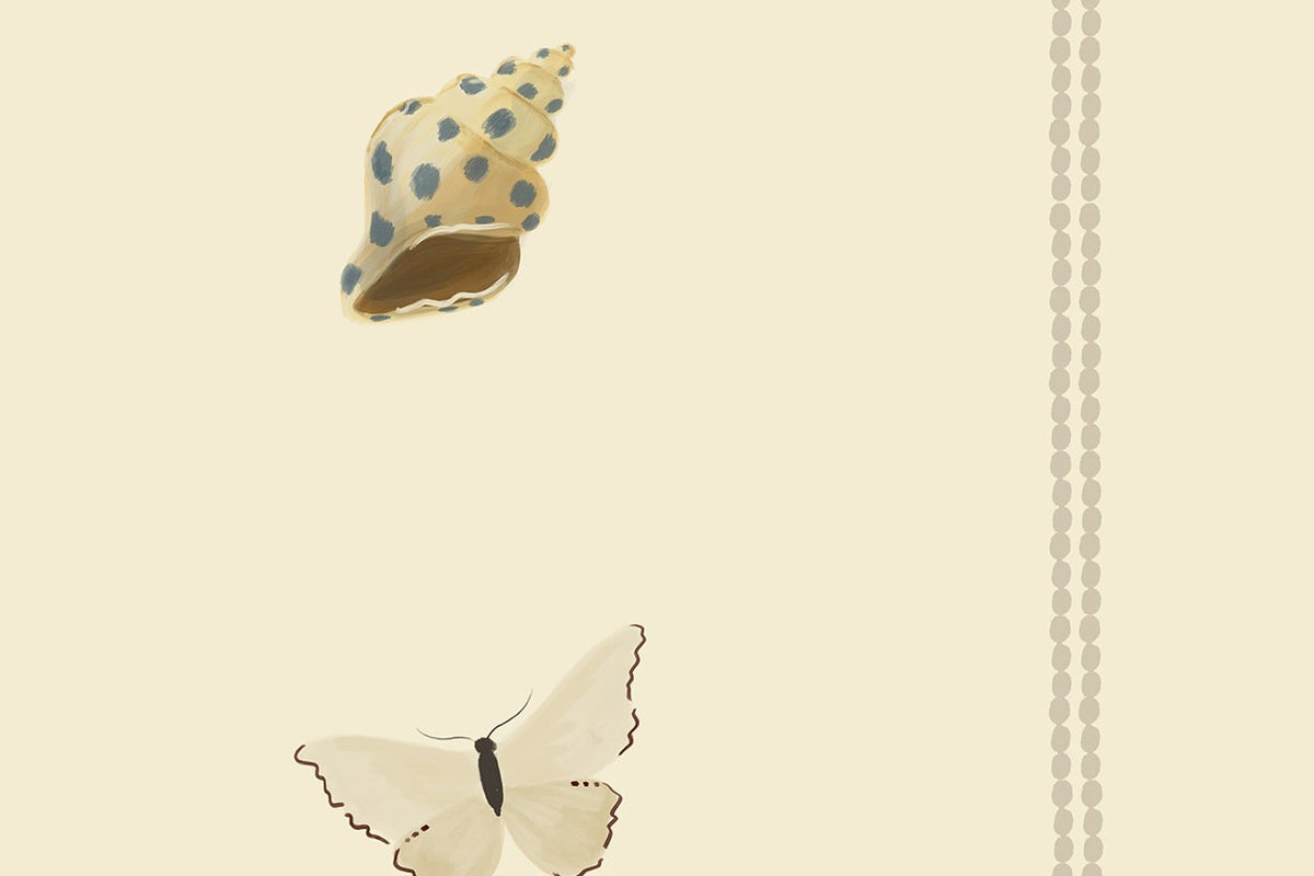 A repeating decorative pattern on a warm cream background featuring small motifs including butterflies, flowers, suns, and tassels in muted earthy tones.