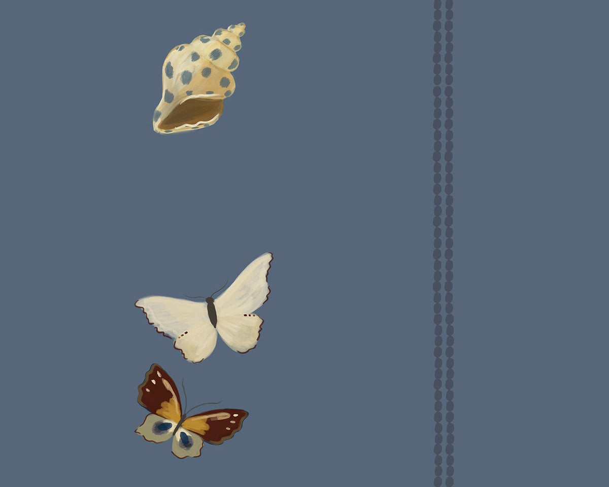 A repeating pattern of small illustrated motifs on a muted blue-gray background, including butterflies, flowers, shells, and sun-like shapes, arranged in vertical columns separated by thin dark lines.