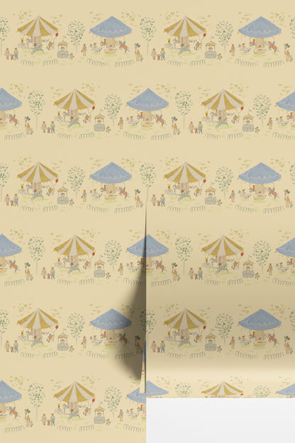 Illustrated pattern of a carousel park scene with characters, tents, and animals on a light yellow background. Madeline illustration style wallpaper with animals on a carousel. Kids wallpaper with balloons, bunnies, mouse, mom and child, riding a merry go round. Bemelmans inspired wallpaper.