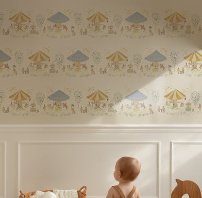 merry go round wallpaper, illustrated wallpaper in cream, striped tents with animals playing, madeline style illustration, bemelmans artwork