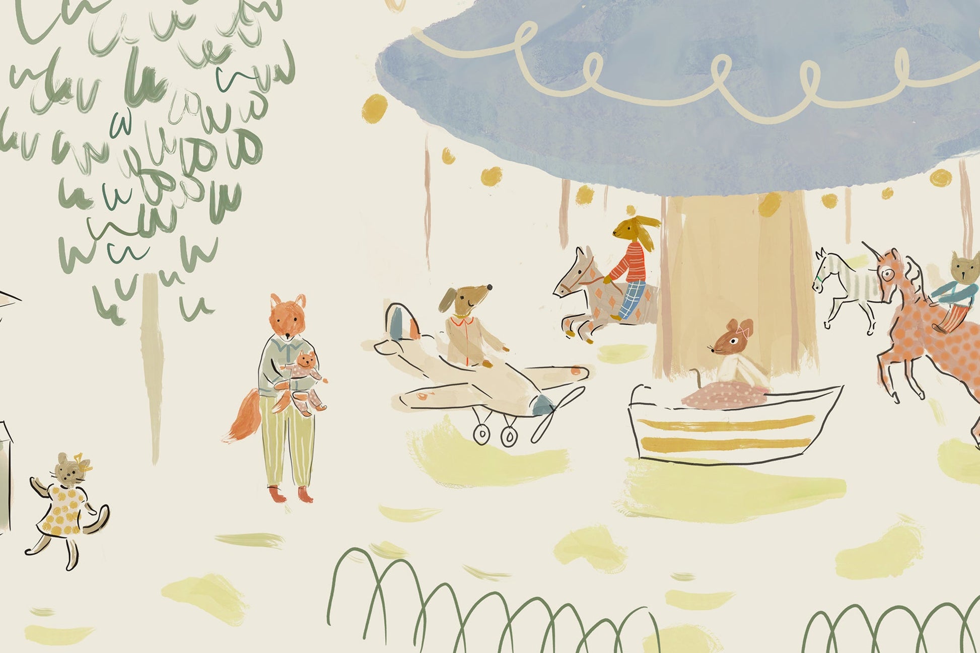 Patterned wallpaper with illustrations of animal families and umbrellas on a light background. Carousel wallpaper bemelmans madeline inspired illustrations.