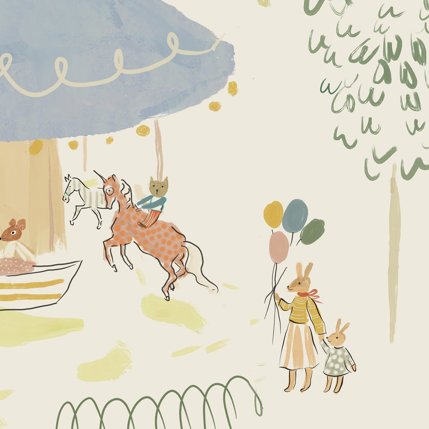 Patterned wallpaper with illustrations of animal families and umbrellas on a light background. Carousel wallpaper bemelmans madeline inspired illustrations.