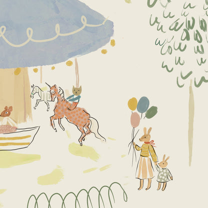 Patterned wallpaper with illustrations of animal families and umbrellas on a light background. Carousel wallpaper bemelmans madeline inspired illustrations.