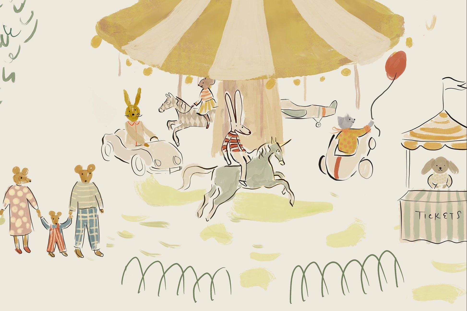 Patterned wallpaper with illustrations of animal families and umbrellas on a light background. Carousel wallpaper bemelmans madeline inspired illustrations.