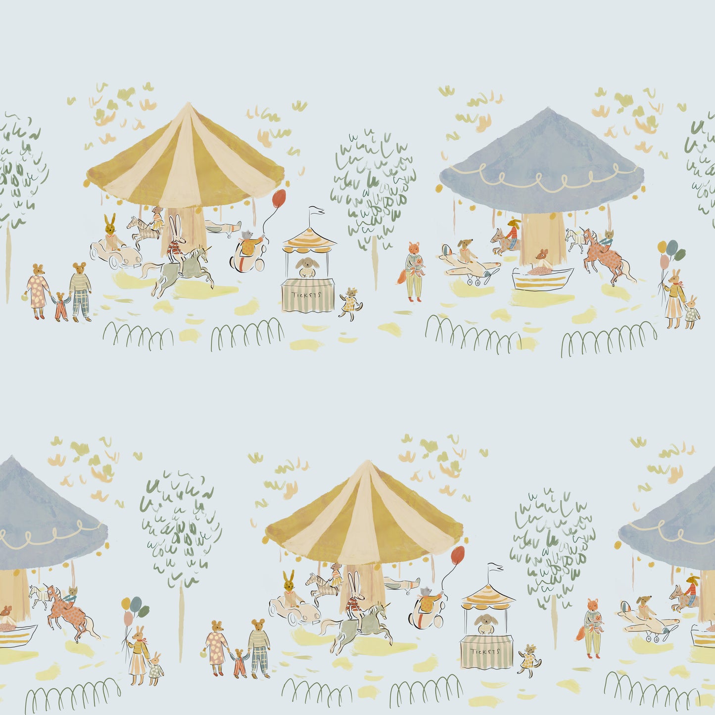 Illustrated pattern of a carousel park scene with characters, tents, and animals on a light blue background. Madeline illustration style wallpaper with animals on a carousel. Kids wallpaper with balloons, bunnies, mouse, mom and child, riding a merry go round. Bemelmans Madeline inspired wallpaper.