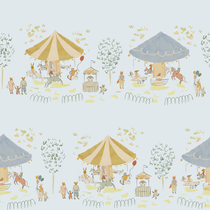Illustrated pattern of a carousel park scene with characters, tents, and animals on a light blue background. Madeline illustration style wallpaper with animals on a carousel. Kids wallpaper with balloons, bunnies, mouse, mom and child, riding a merry go round. Bemelmans Madeline inspired wallpaper.