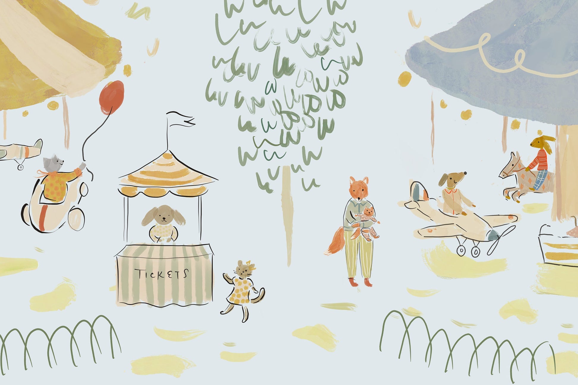 Illustrated pattern of a carousel park scene with characters, tents, and animals on a light blue background. Madeline illustration style wallpaper with animals on a carousel. Kids wallpaper with balloons, bunnies, mouse, mom and child, riding a merry go round. Bemelmans Madeline inspired wallpaper.