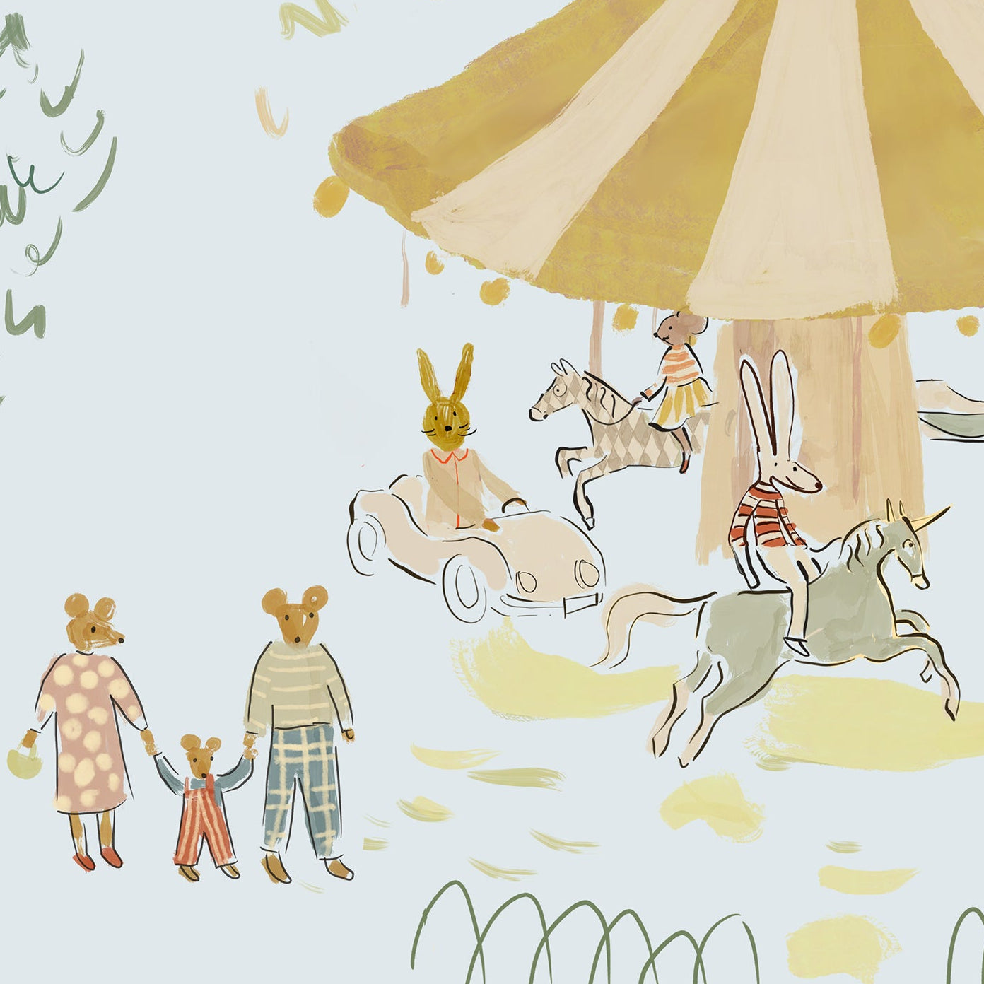 Illustrated pattern of a carousel park scene with characters, tents, and animals on a light blue background. Madeline illustration style wallpaper with animals on a carousel. Kids wallpaper with balloons, bunnies, mouse, mom and child, riding a merry go round. Bemelmans Madeline inspired wallpaper.