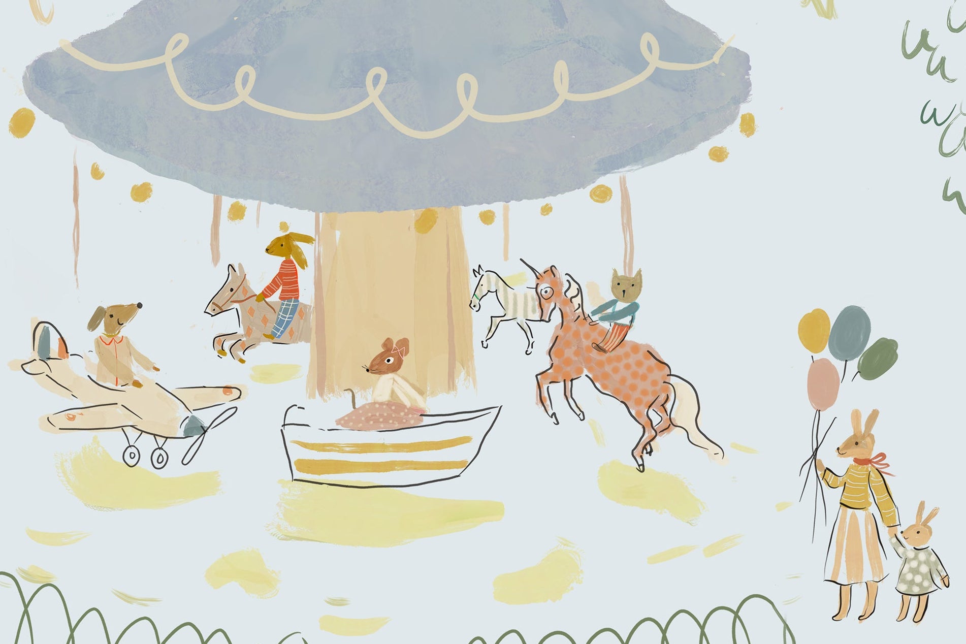 Illustrated pattern of a carousel park scene with characters, tents, and animals on a light blue background. Madeline illustration style wallpaper with animals on a carousel. Kids wallpaper with balloons, bunnies, mouse, mom and child, riding a merry go round. Bemelmans Madeline inspired wallpaper.