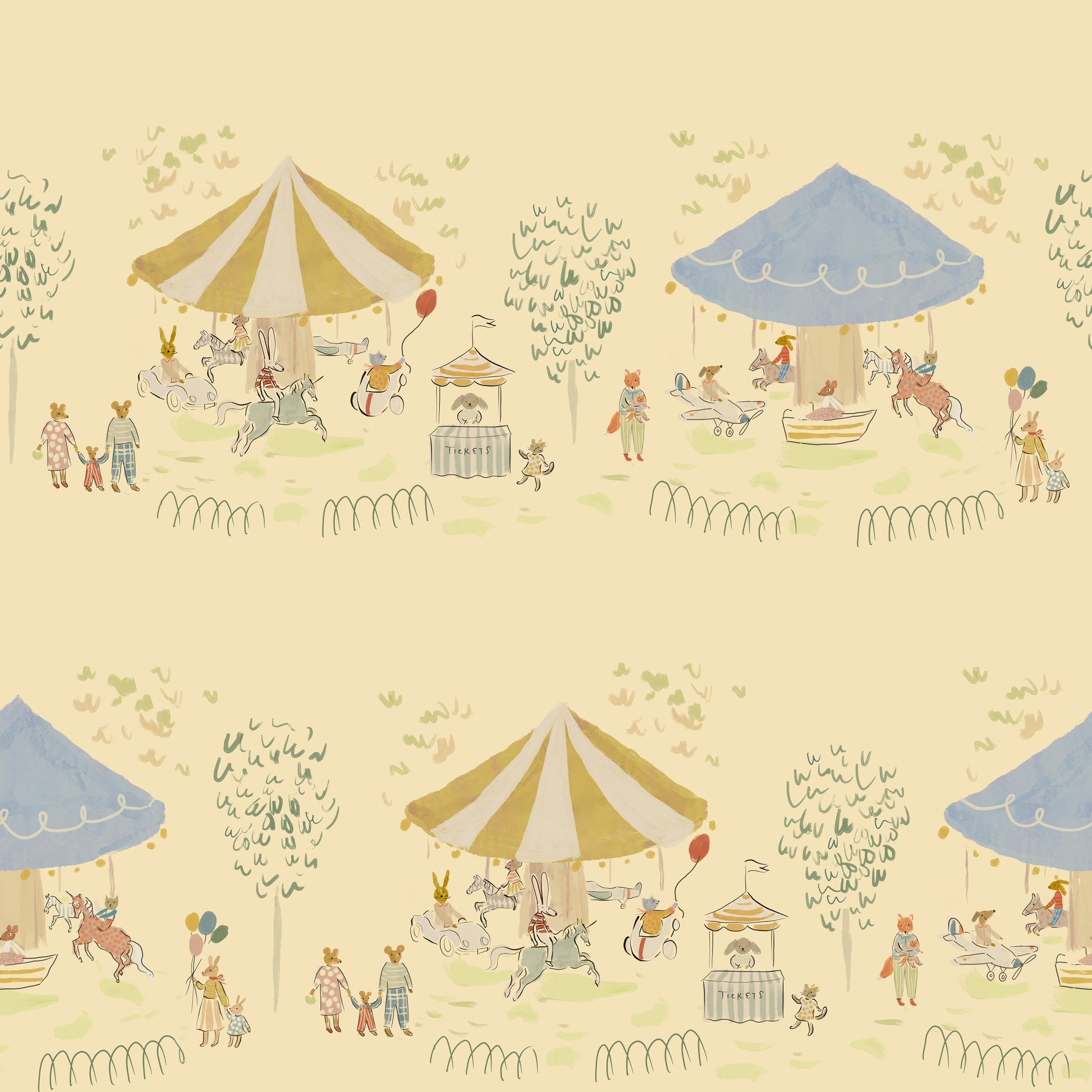 Illustrated pattern of a carousel park scene with characters, tents, and animals on a light yellow background. Madeline illustration style wallpaper with animals on a carousel. Kids wallpaper with balloons, bunnies, mouse, mom and child, riding a merry go round. Bemelmans inspired wallpaper.