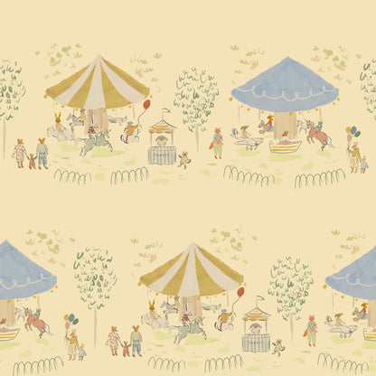 Illustrated pattern of a carousel park scene with characters, tents, and animals on a light yellow background. Madeline illustration style wallpaper with animals on a carousel. Kids wallpaper with balloons, bunnies, mouse, mom and child, riding a merry go round. Bemelmans inspired wallpaper.
