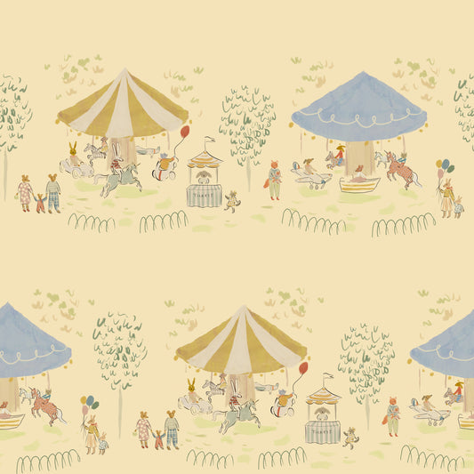 Illustrated pattern of a carousel park scene with characters, tents, and animals on a light yellow background. Madeline illustration style wallpaper with animals on a carousel. Kids wallpaper with balloons, bunnies, mouse, mom and child, riding a merry go round. Bemelmans inspired wallpaper.