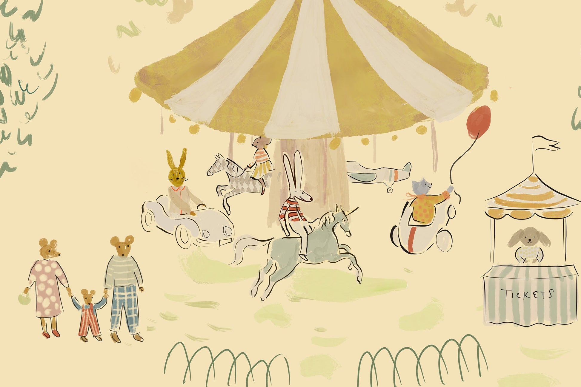 Illustrated pattern of a fairytale scene with characters, tents, and animals on a light yellow background. Madeline illustration style wallpaper with animals on a carousel.