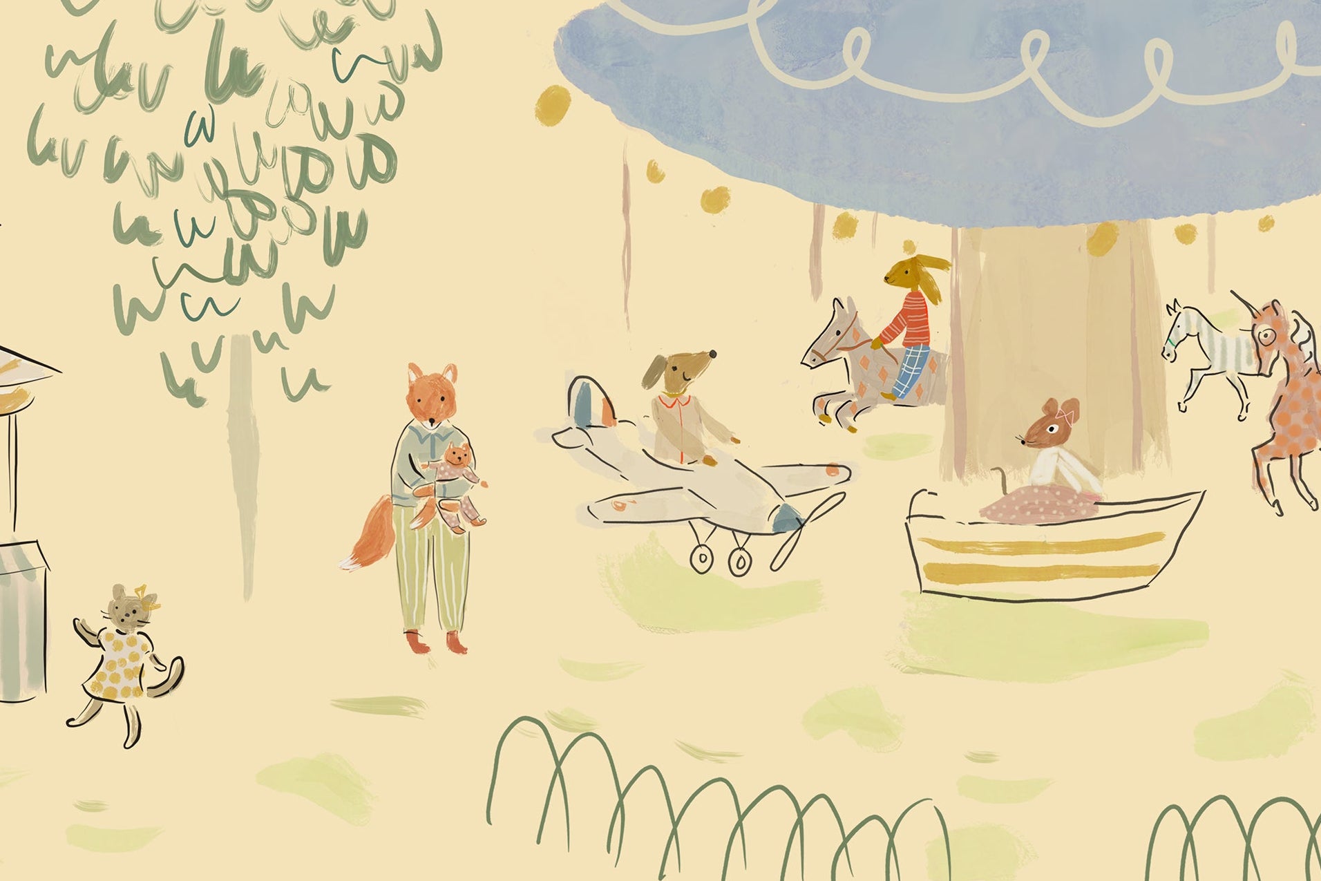 Illustrated pattern of a carousel park scene with characters, tents, and animals on a light yellow background. Madeline illustration style wallpaper with animals on a carousel. Kids wallpaper with balloons, bunnies, mouse, mom and child, riding a merry go round. Bemelmans inspired wallpaper.