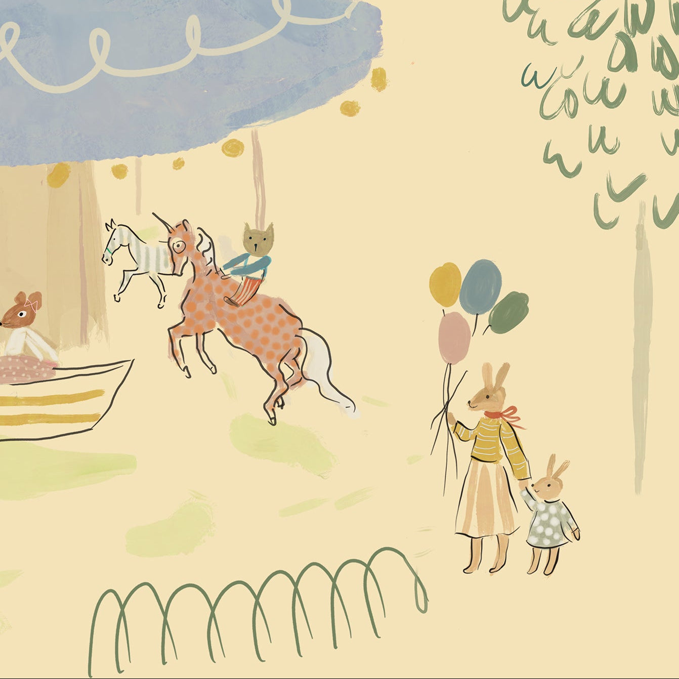 Illustrated pattern of a fairytale scene with characters, tents, and animals on a light yellow background. Madeline illustration style wallpaper with animals on a carousel. Kids wallpaper with balloons, bunnies, mouse, mom and child, riding a merry go round.