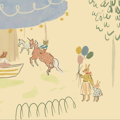 Illustrated pattern of a fairytale scene with characters, tents, and animals on a light yellow background. Madeline illustration style wallpaper with animals on a carousel. Kids wallpaper with balloons, bunnies, mouse, mom and child, riding a merry go round.