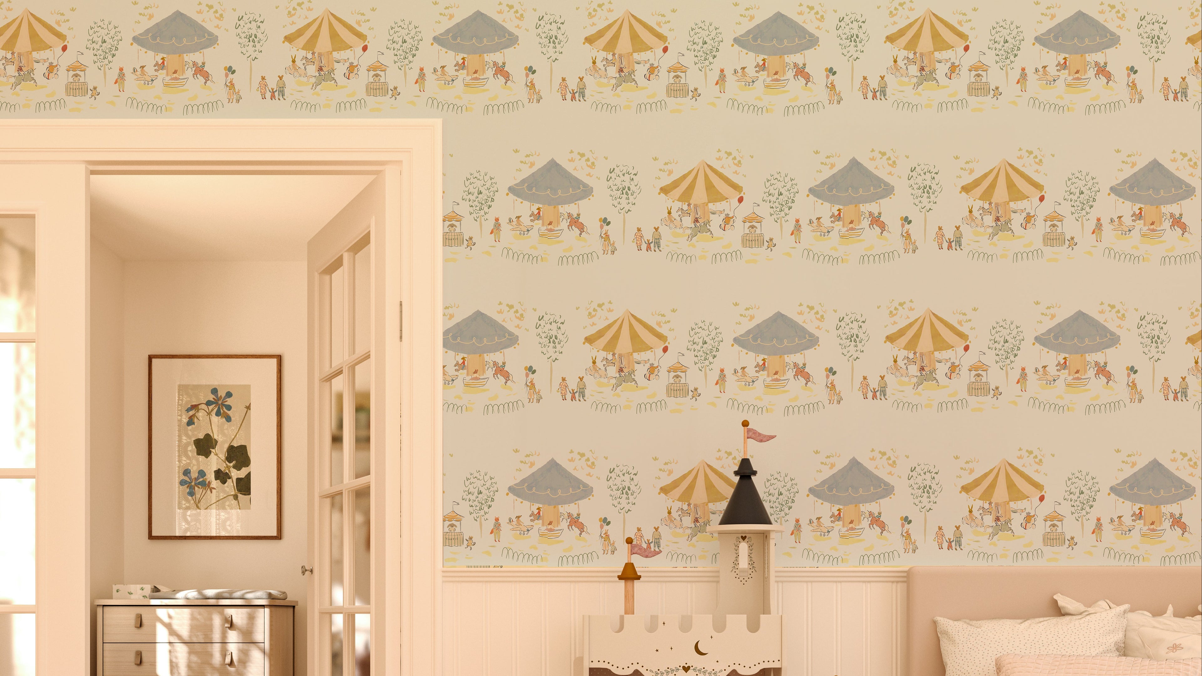 Children's room with patterned wallpaper, dollhouse, and toys.