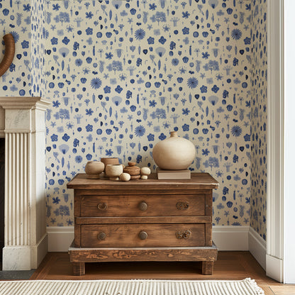 A botanist's dream! Beautiful pen and ink drawn wallpaper in classic blue and cream. Floral wallpaper includes parts of flowers, nuts, seeds, petals, berries. Botanical taxonomy removable wallpaper. Peel and stick floral wallpaper in classic delft blue and warm white.
