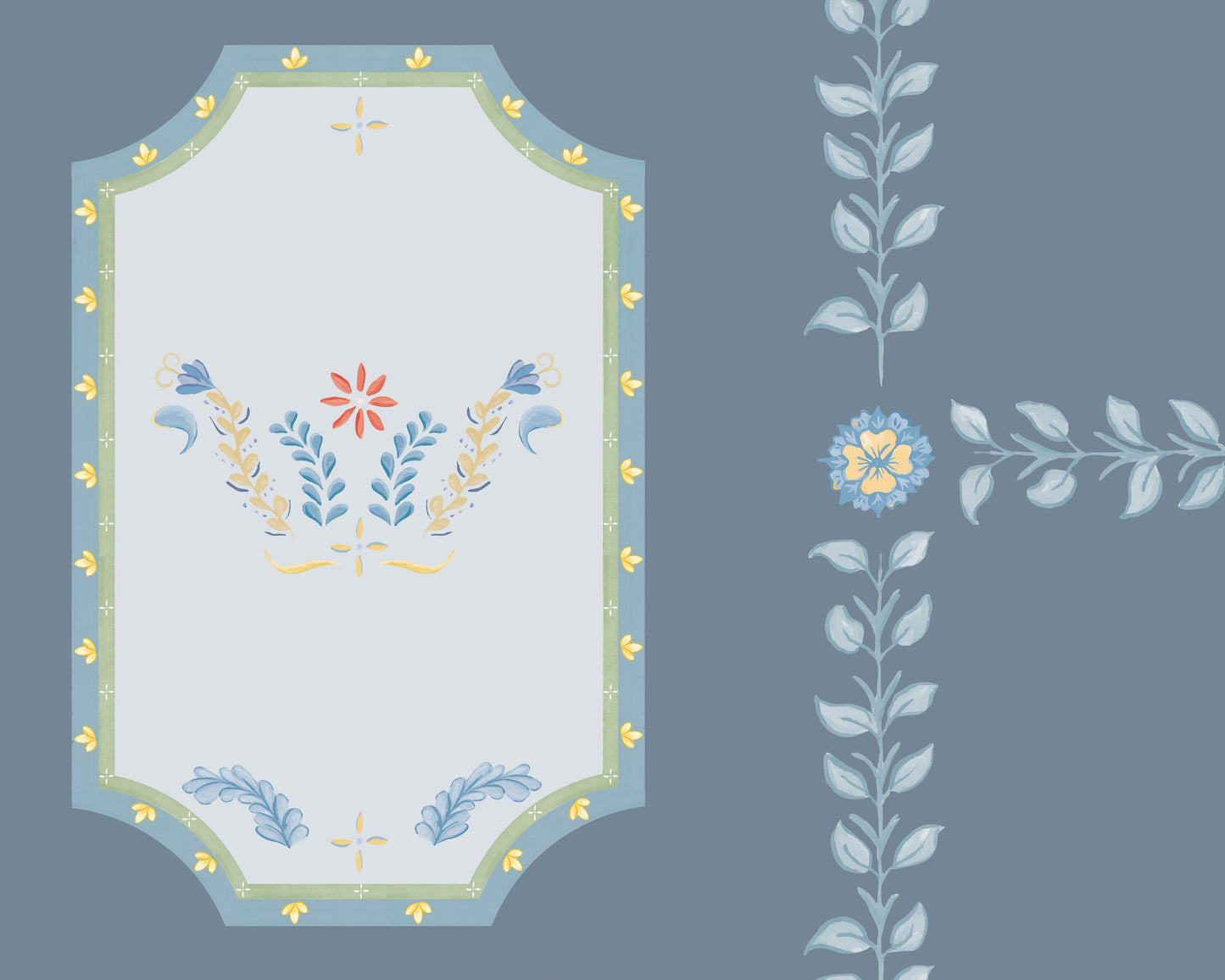 Decorative pattern with floral frames on a blue background