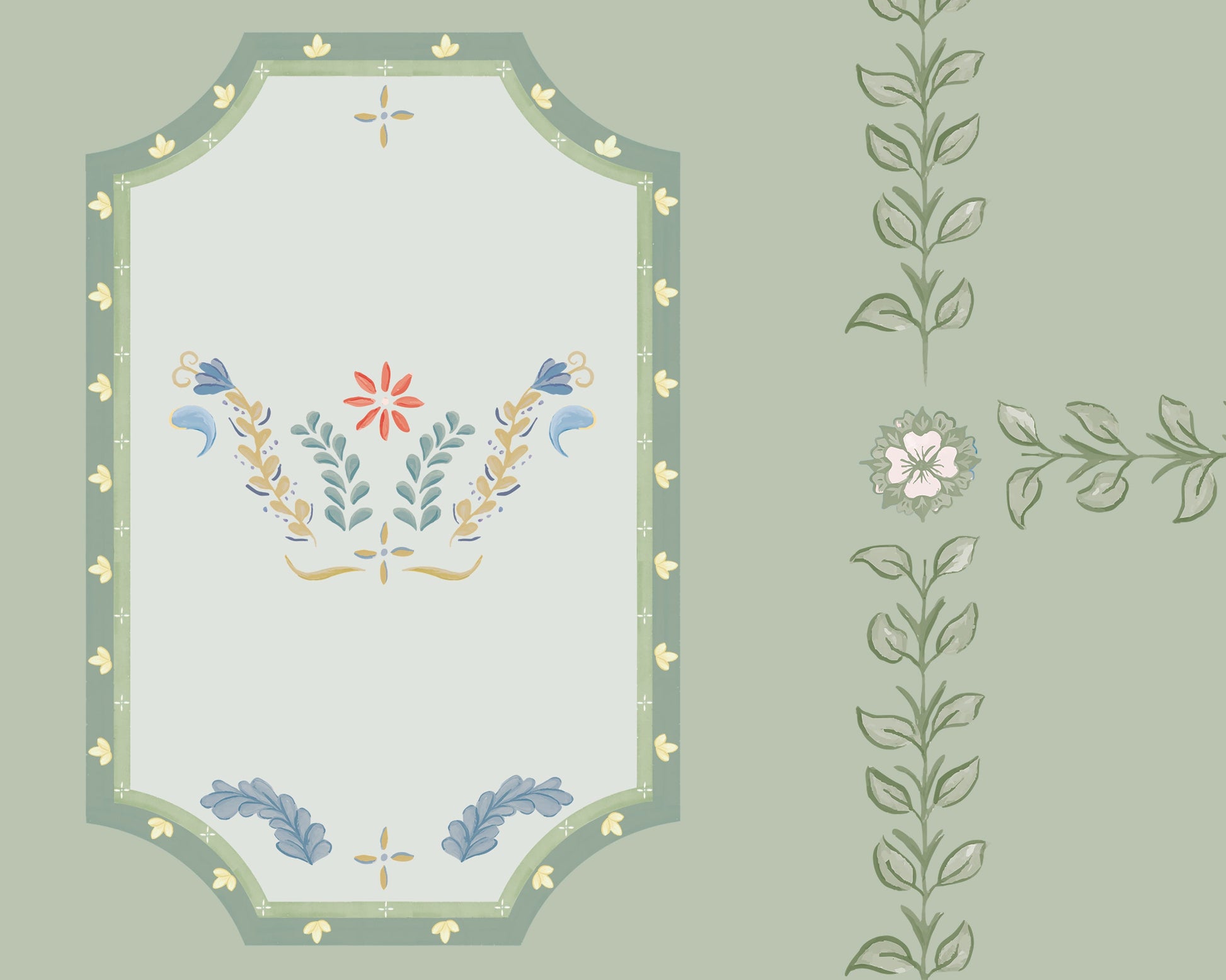 Decorative wallpaper pattern with floral and leaf designs on a light green background