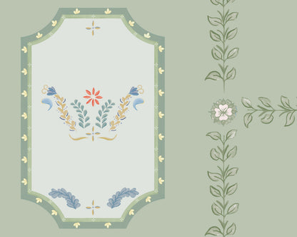 Decorative wallpaper pattern with floral and leaf designs on a light green background