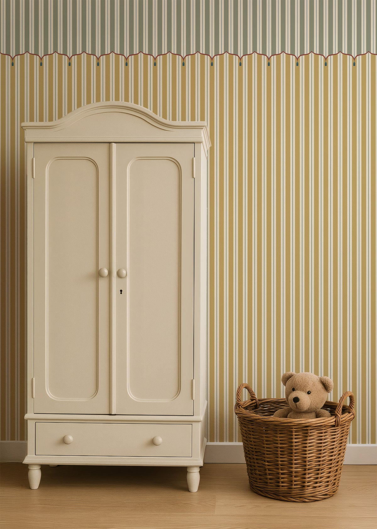 Beige wardrobe with a teddy bear in a wicker basket against striped wallpaper