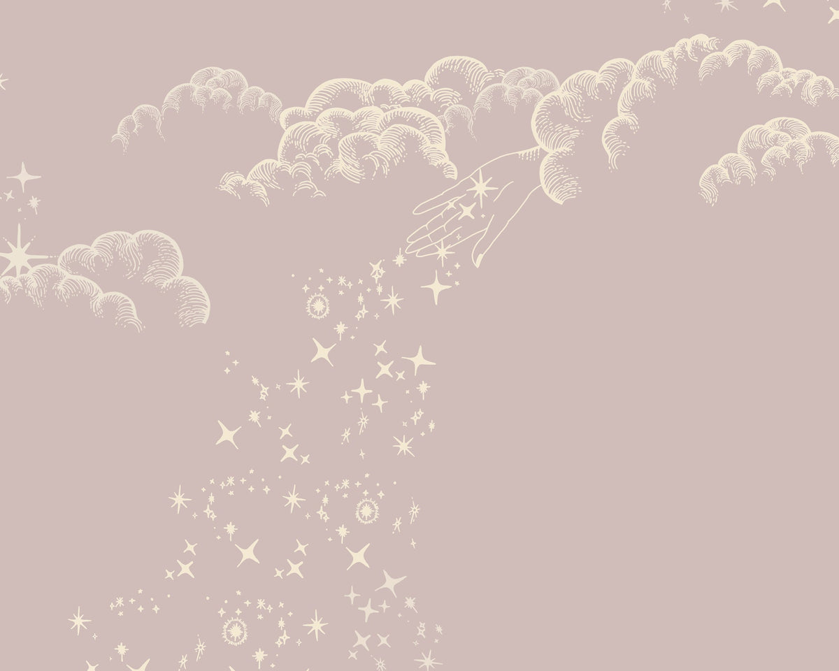 A repeating celestial pattern featuring cream-colored crescent moons, clouds, and stars on a muted dusty pink background.