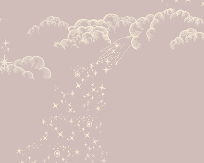 A repeating celestial pattern featuring cream-colored crescent moons, clouds, and stars on a muted dusty pink background.