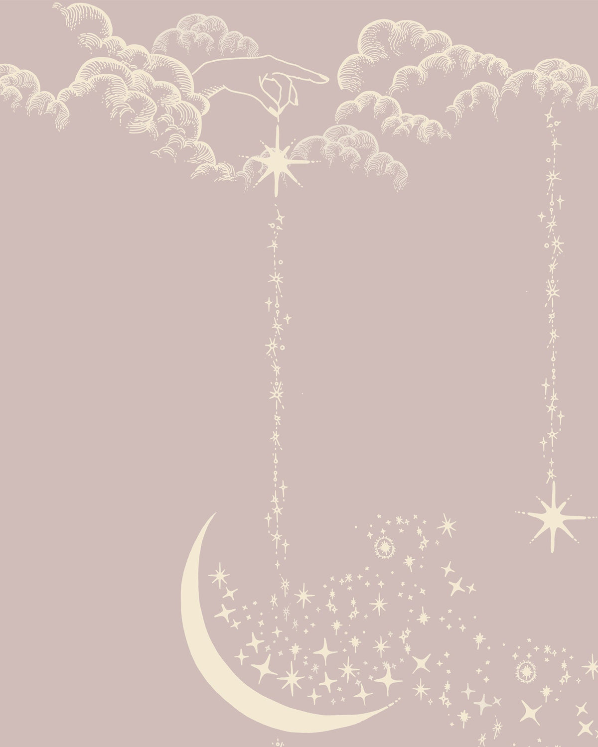 A repeating celestial pattern featuring cream-colored crescent moons, clouds, and stars on a muted dusty pink background.