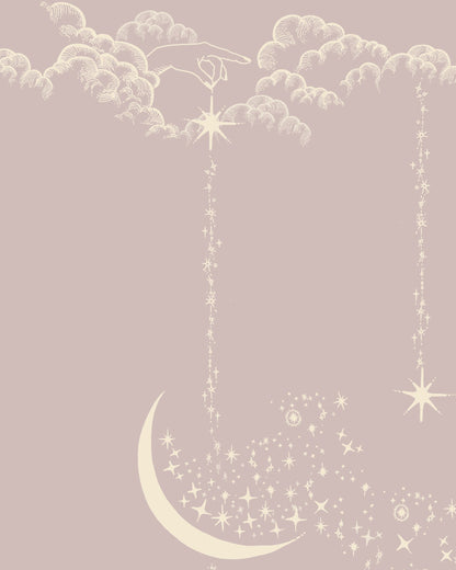 A repeating celestial pattern featuring cream-colored crescent moons, clouds, and stars on a muted dusty pink background.