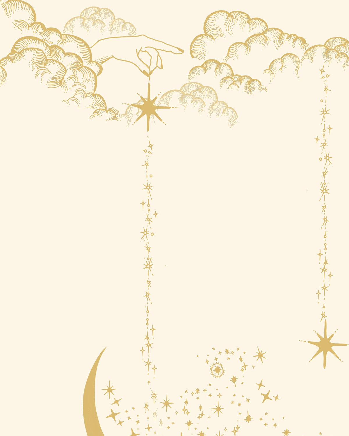A repeating celestial pattern featuring gold crescent moons, stars, and cloud-like motifs on a warm cream background.