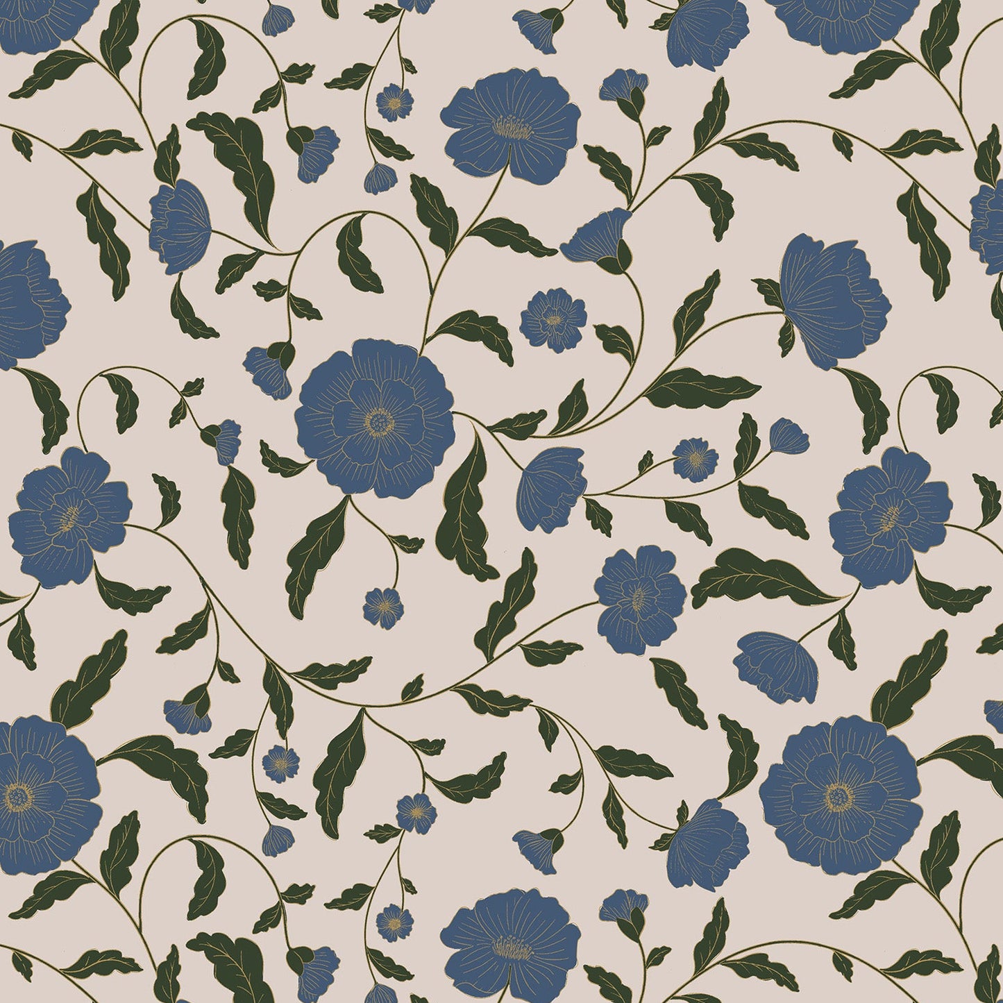 Pattern of blue flowers and green leaves on a beige background