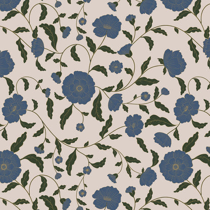Pattern of blue flowers and green leaves on a beige background