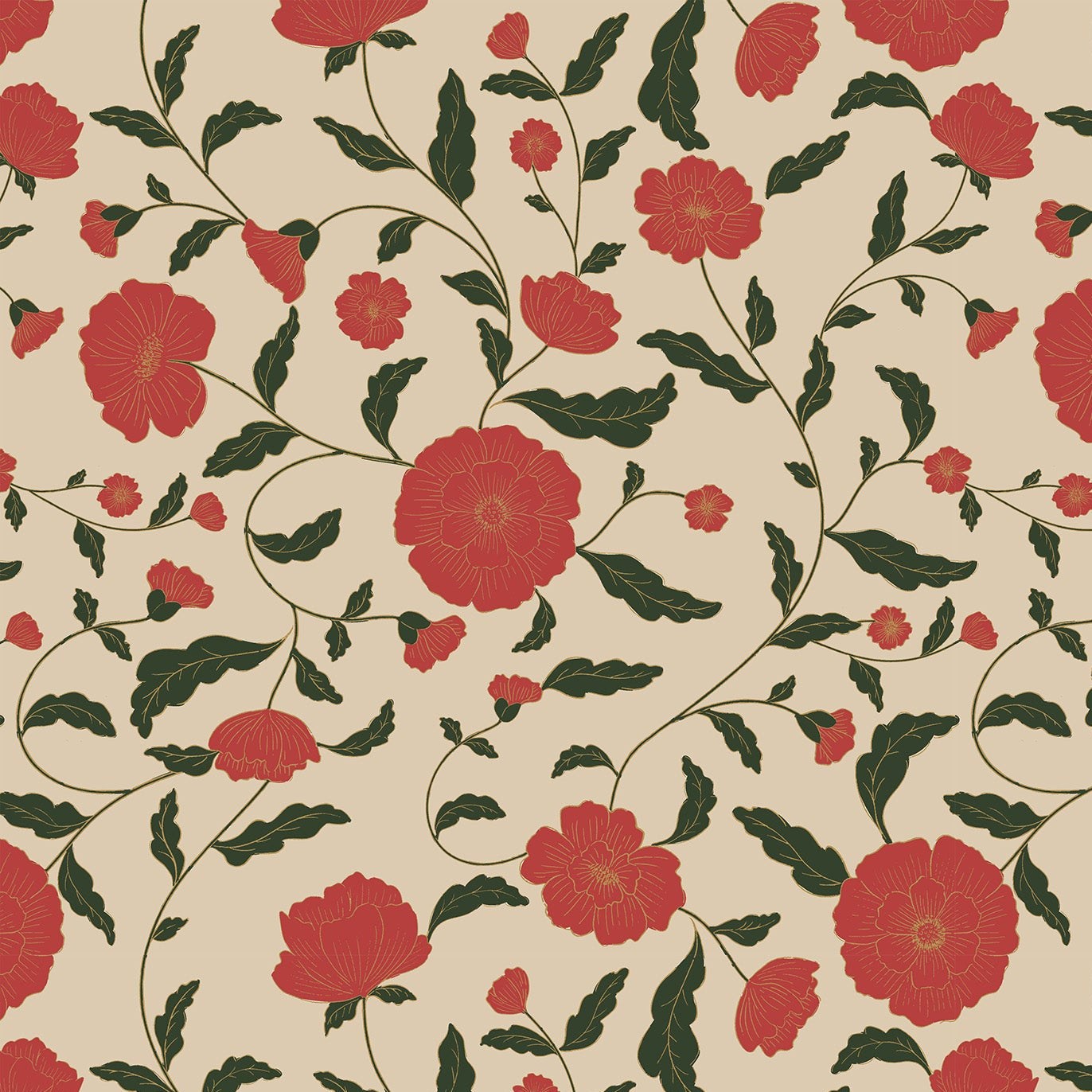 Floral pattern with red flowers and green leaves on a beige background