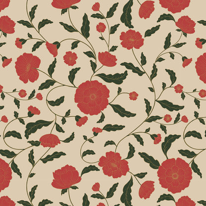 Floral pattern with red flowers and green leaves on a beige background