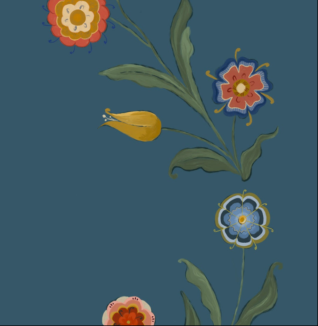 Floral pattern with colorful flowers on a blue background