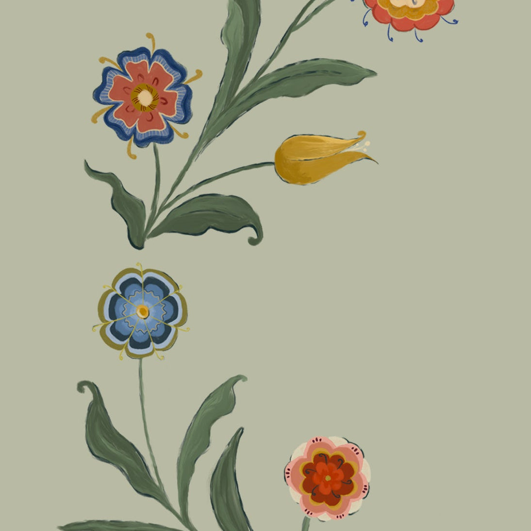 Decorative floral pattern with colorful flowers and green leaves on a light green background