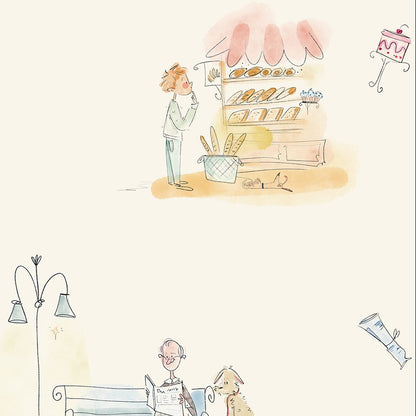 Illustrated wallpaper with small buildings, people, and decorative elements on a light background