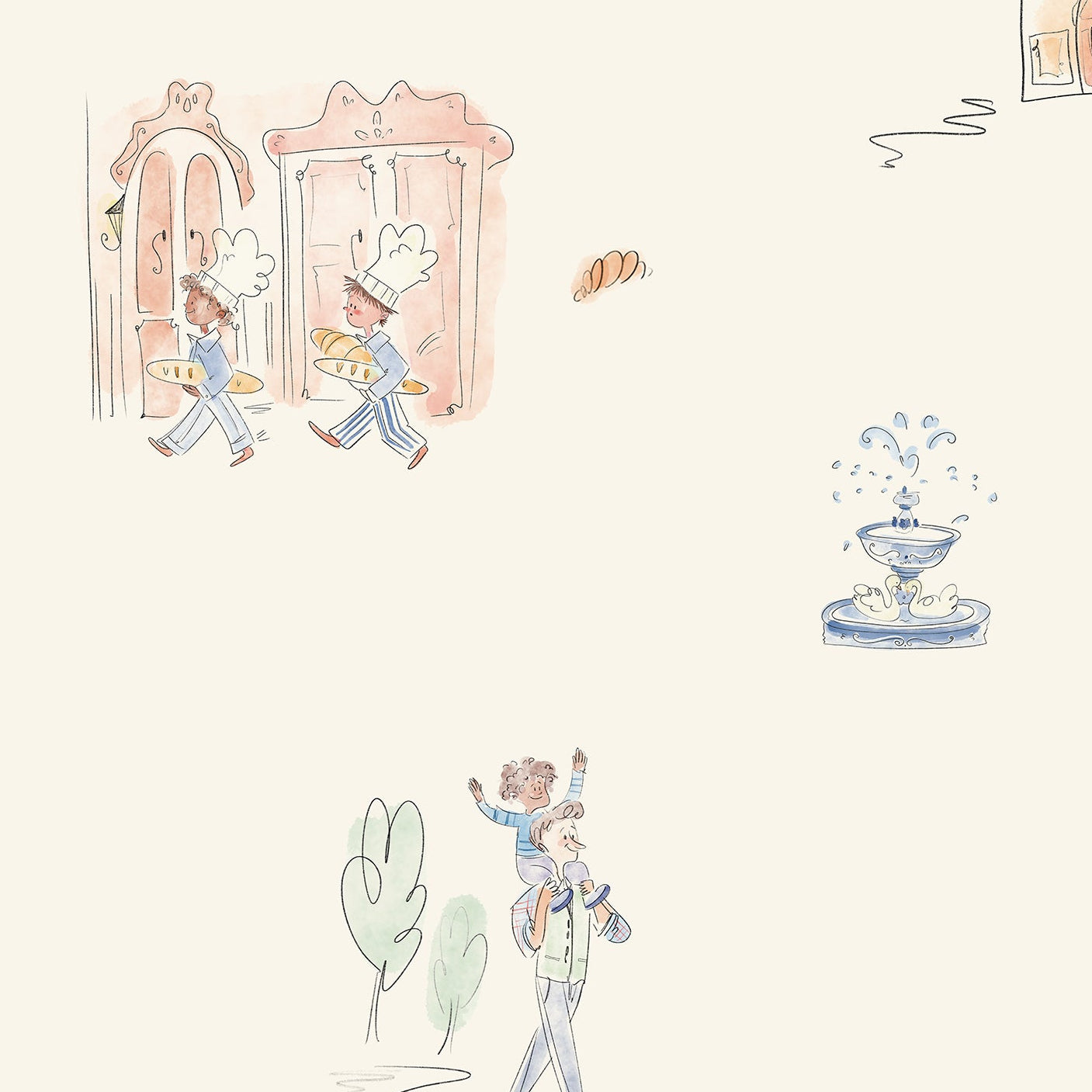 Illustrated wallpaper with small buildings, people, and decorative elements on a light background