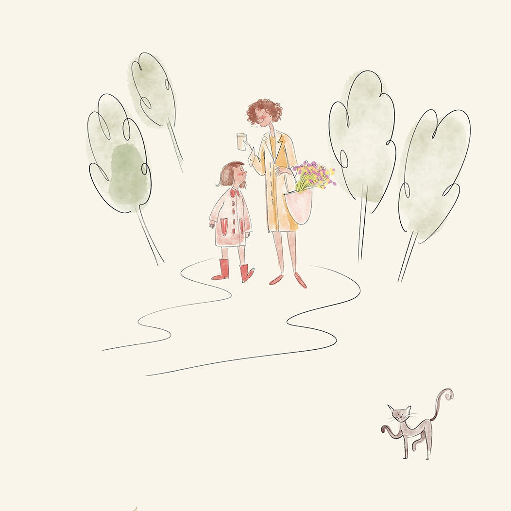 Illustrated wallpaper with small buildings, people, and decorative elements on a light background