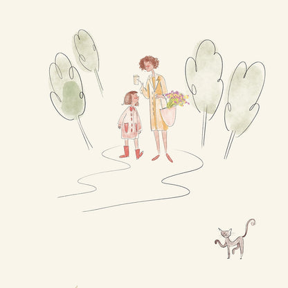 Illustrated wallpaper with small buildings, people, and decorative elements on a light background