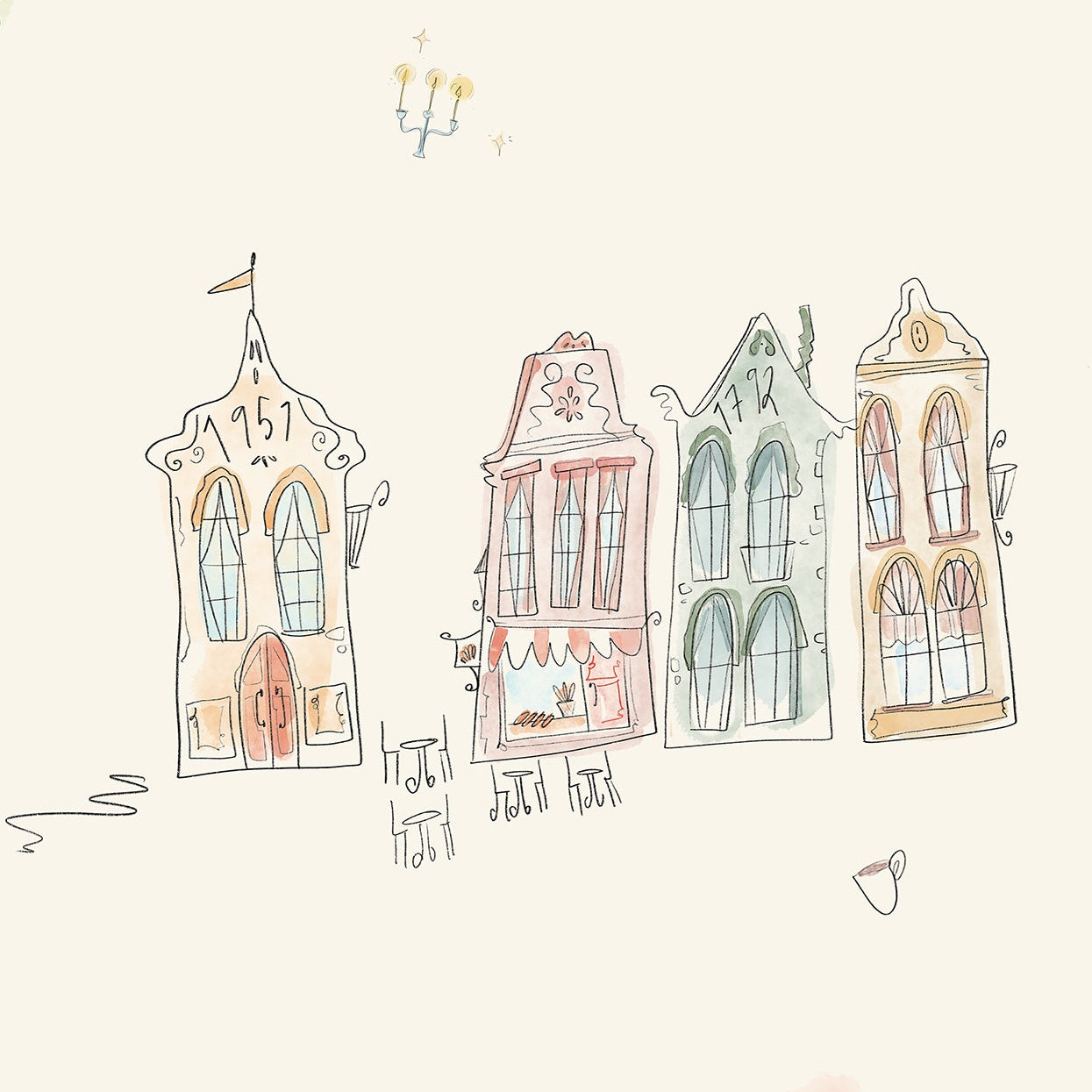 Illustrated wallpaper with small buildings, people, and decorative elements on a light background